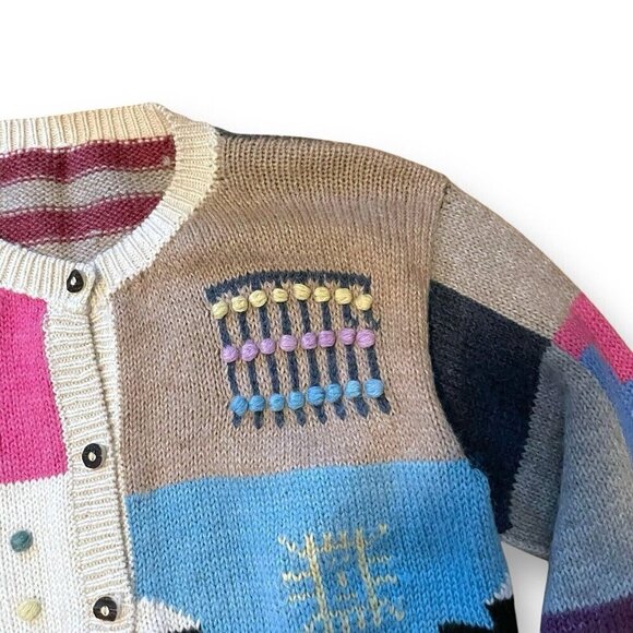 Vintage 80s Womens Cardigan Sz Small Medium Handknit Boho Wool Farmhouse Bobble - Picture 5 of 7